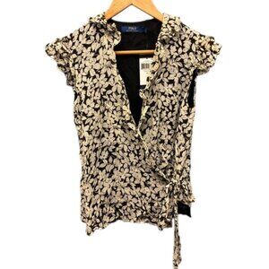 Polo Ralph Lauren Blouse Women’s Cream Black Floral Wrap Short Sleeve Top 0 NWT